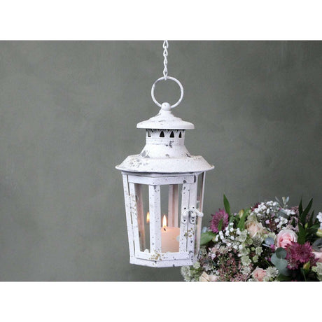 Antique Vintage White Hanging Lantern - Elegant Iron & Glass Design, H25/D15 cm - Home Deco London