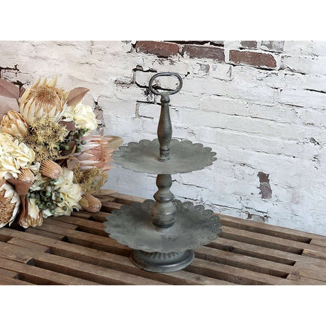 Antique Zinc Etagere With Lace Edge, 2-Tiered Storage Display Unit, H42/D27 cm - Home Deco London