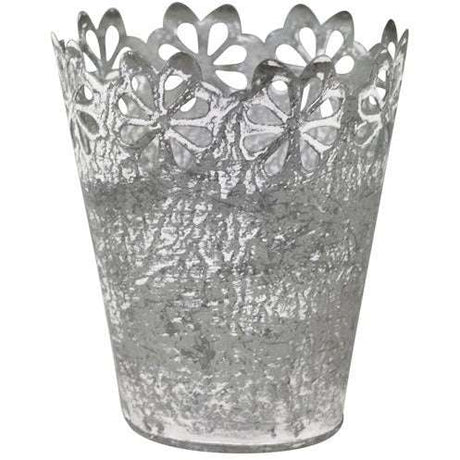 Antique Zinc Flowerpot With Decorative Cutout Flower Edge, H11/D10 cm, Chic Antique Style - Home Deco London