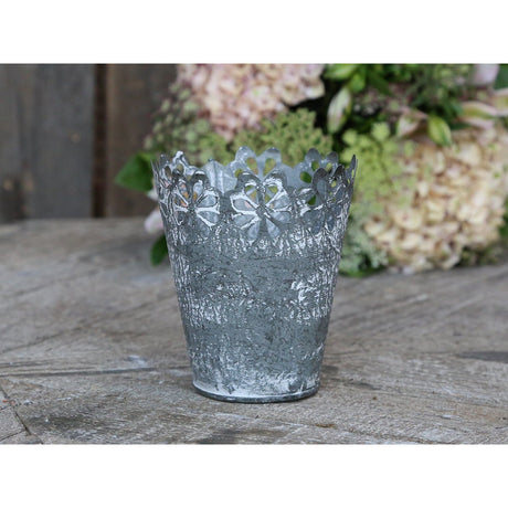 Antique Zinc Flowerpot With Decorative Cutout Flower Edge, H11/D10 cm, Chic Antique Style - Home Deco London