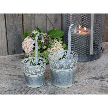 Antique Zinc Hanging Flowerpot with Floral Cutout Rim for Herbs & Succulents - Small - Home Deco London