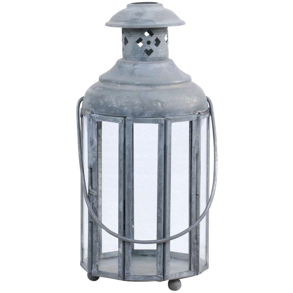 Antique Zinc Lantern - 10 Sided Glazed Design in Aged Grey Metal for Table or Hanging - Home Deco London