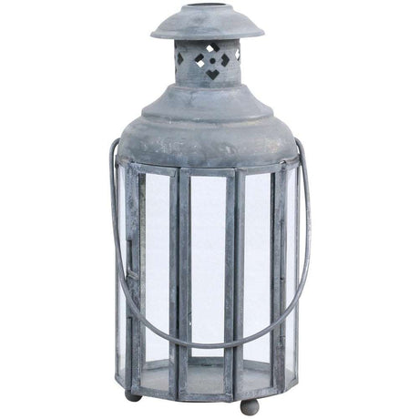 Antique Zinc Lantern - 10 Sided Glazed Design in Aged Grey Metal for Table or Hanging - Home Deco London