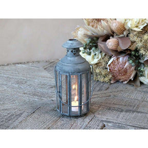 Antique Zinc Lantern - 10 Sided Glazed Design in Aged Grey Metal for Table or Hanging - Home Deco London
