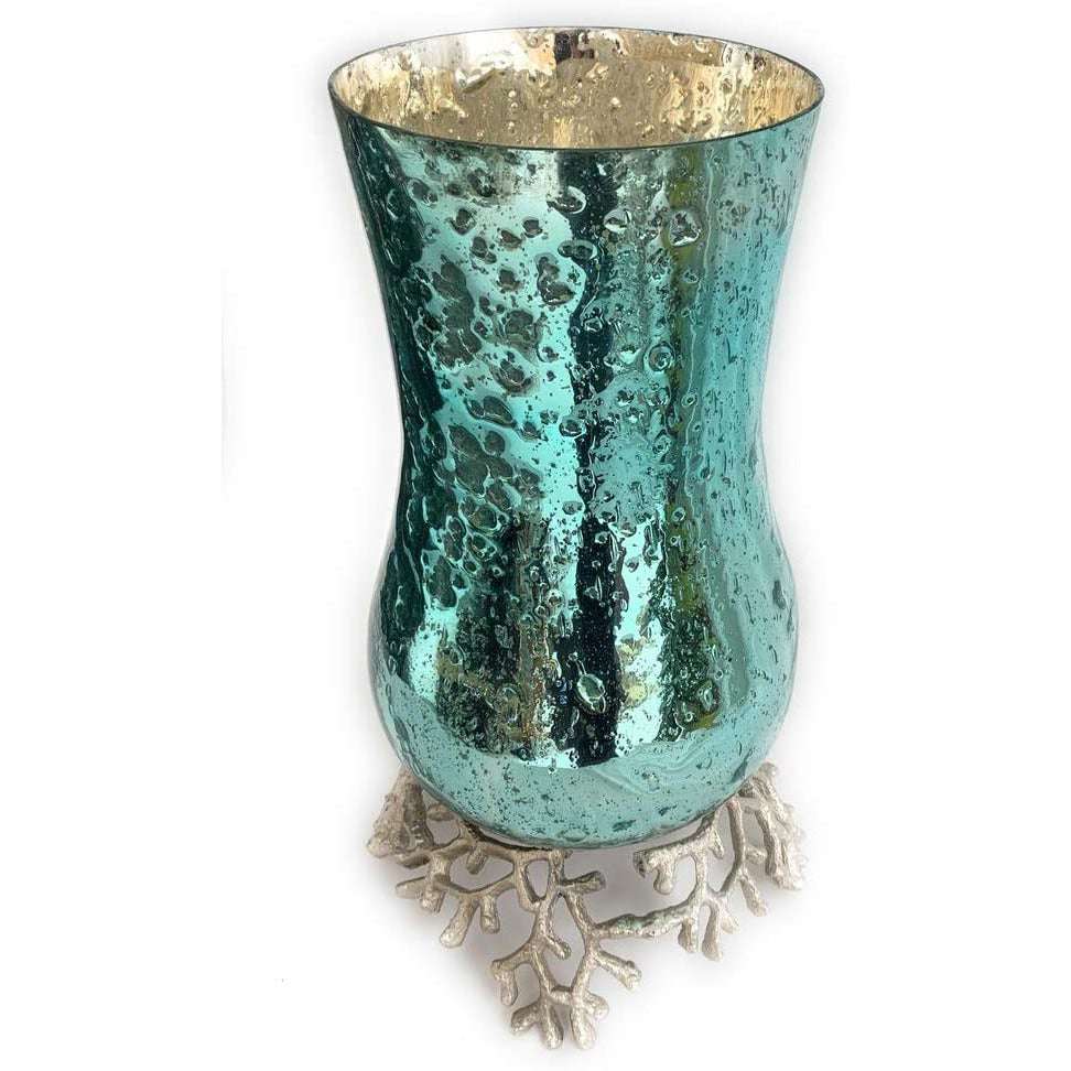 Aqua Coral Candle Holder - Nickel Base & Mercury Glass Hurricane Lantern, 23x23x48cm - Home Deco London