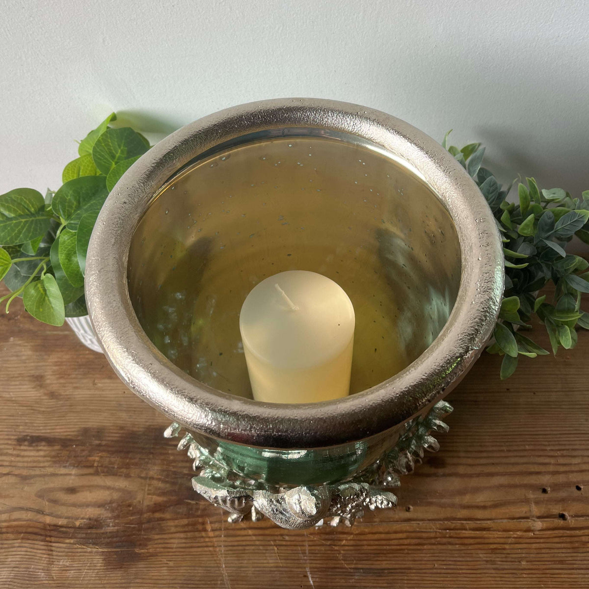 Aqua Glass Hurricane Lantern - Large Nickel Candle Holder for Modern Dining & Living Areas - Home Deco London