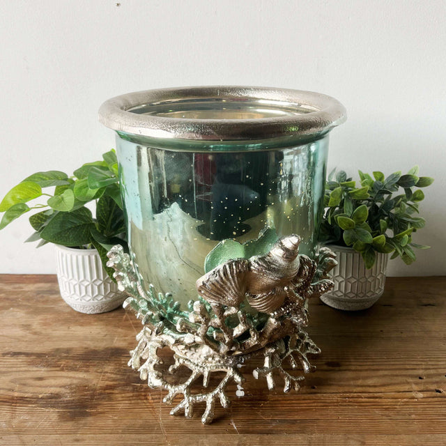 Aqua Glass Hurricane Lantern - Large Nickel Candle Holder for Modern Dining & Living Areas - Home Deco London