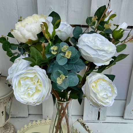 Beautiful Artificial Flower Decor - Peony & Rose Arrangement in Glass Vase, 56cm Height - Home Deco London