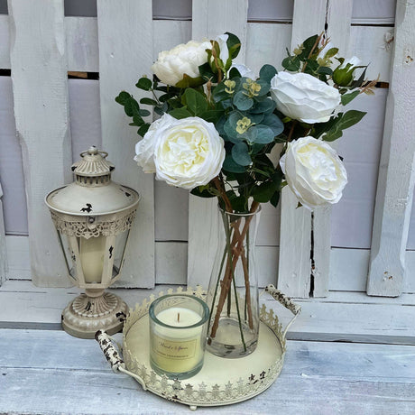 Beautiful Artificial Flower Decor - Peony & Rose Arrangement in Glass Vase, 56cm Height - Home Deco London