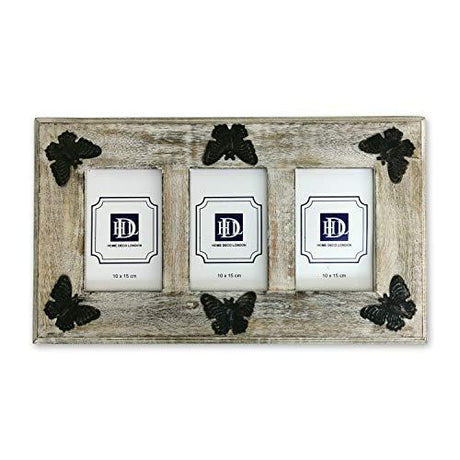 Carved Butterfly Mango Wood Picture Frame for 3 Photos, Rustic Eco-Friendly Design 10x15cm - Home Deco London