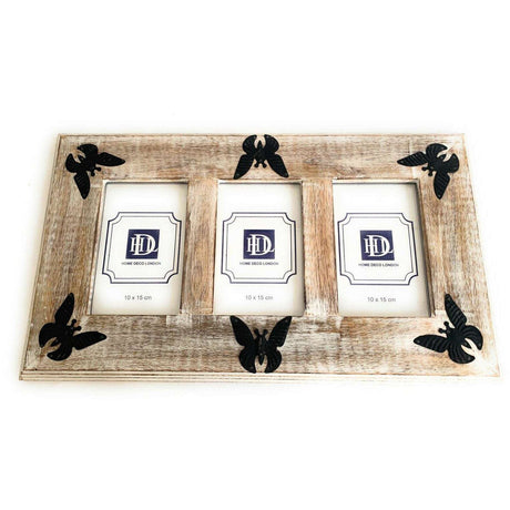Carved Butterfly Mango Wood Picture Frame for 3 Photos, Rustic Eco-Friendly Design 10x15cm - Home Deco London