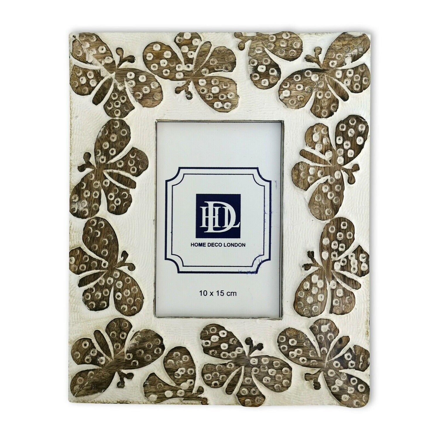 Carved Wood Photo Frame - White Butterfly Design in Sustainable Mango Wood, 10x15cm - Home Deco London