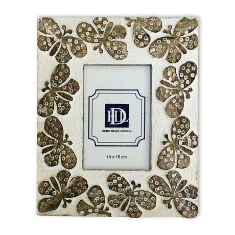 Carved Wood Photo Frame - White Butterfly Design in Sustainable Mango Wood, 10x15cm - Home Deco London