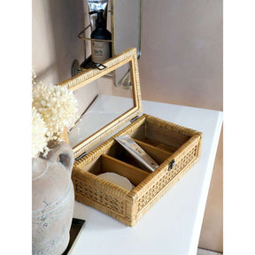 Chic Antique Decorative Storage Box With 3 Compartments - Rattan & Glass, Ideal For Keepsakes - Home Deco London