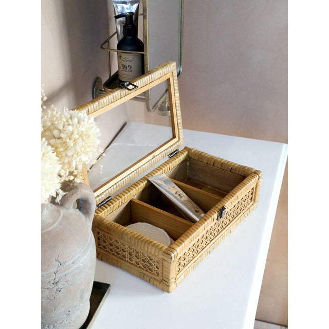 Chic Antique Decorative Storage Box With 3 Compartments - Rattan & Glass, Ideal For Keepsakes - Home Deco London