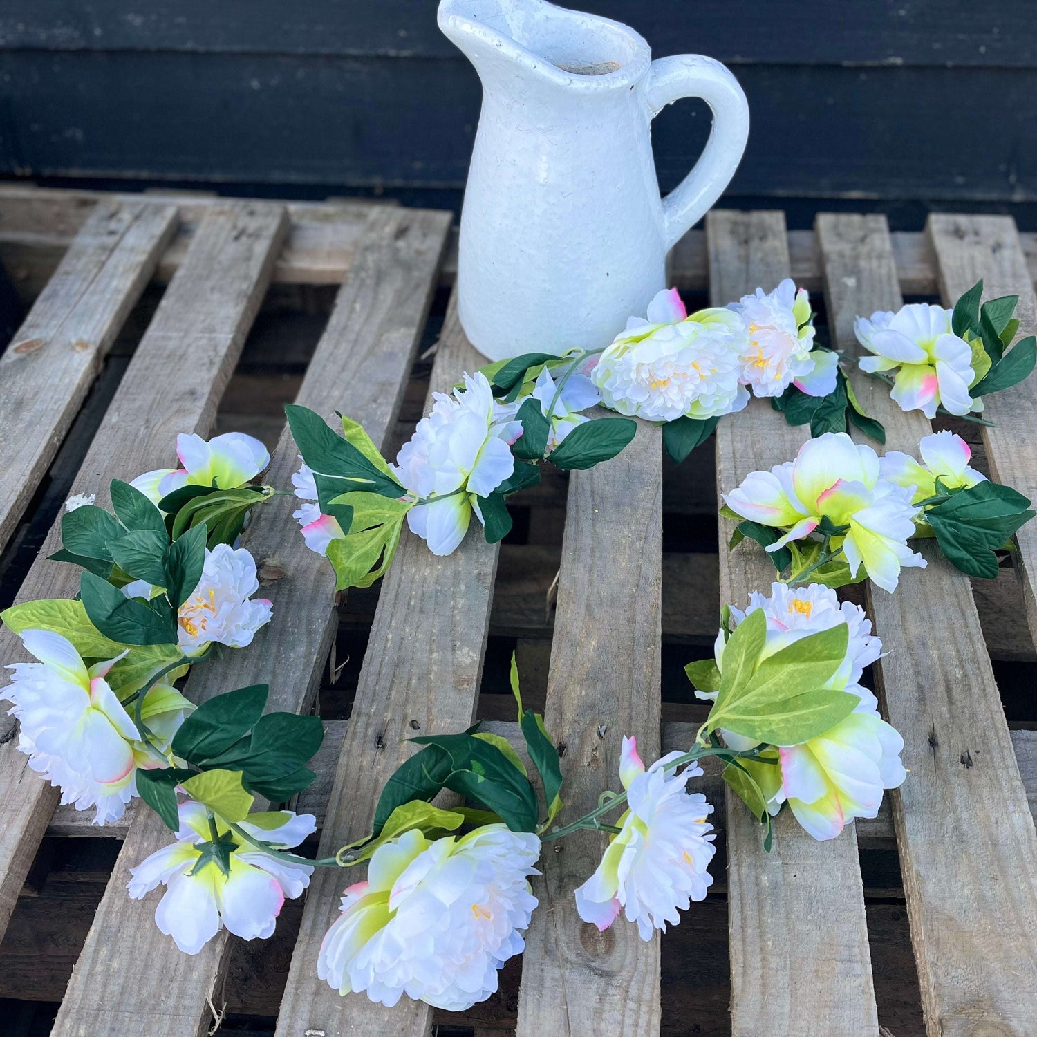 Cream Silk Peony Garland - 180Cm Floral Decoration for Mantlepieces, Banisters, Arches - Home Deco London