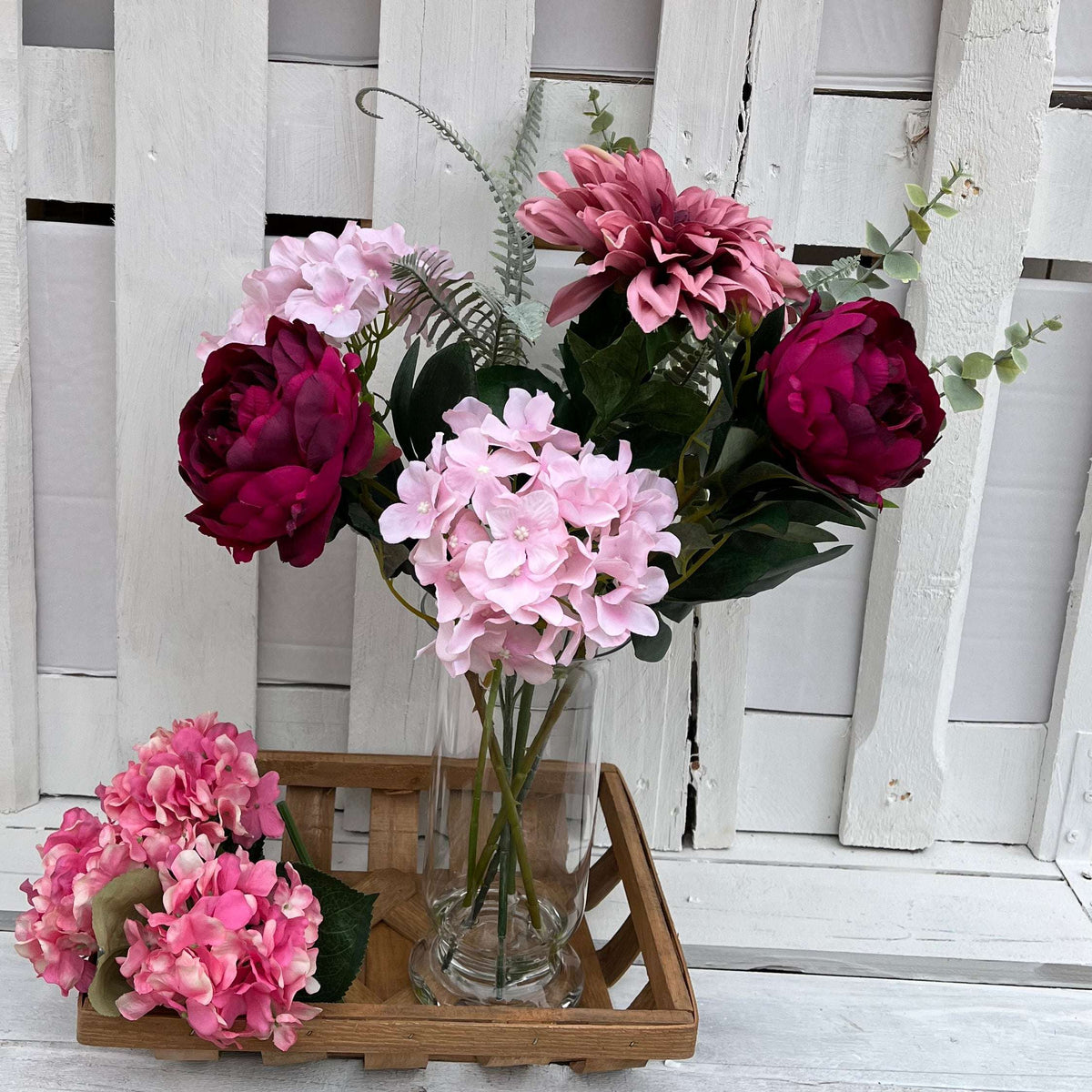Dahlia Flower Arrangement: Millicent & Monarch Blooms in Elegant Glass Vase, 56cm Tall - Home Deco London