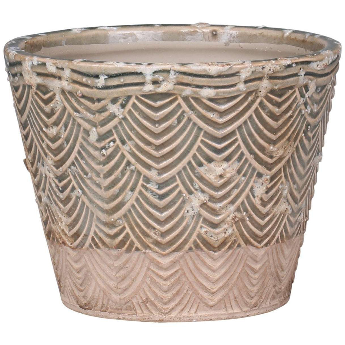 Dusty Green Ceramic Flowerpot with Fan Pattern - Medium Size 11cm Height, 13cm Diameter - Home Deco London