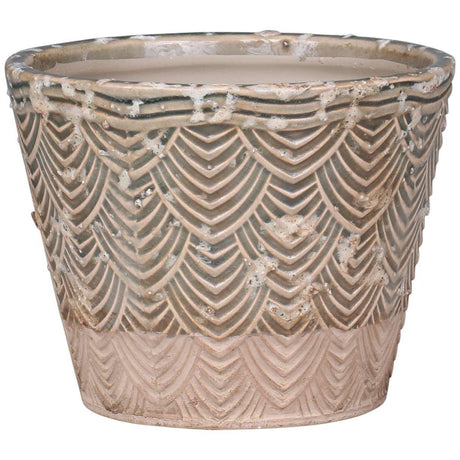 Dusty Green Ceramic Flowerpot with Fan Pattern - Medium Size 11cm Height, 13cm Diameter - Home Deco London