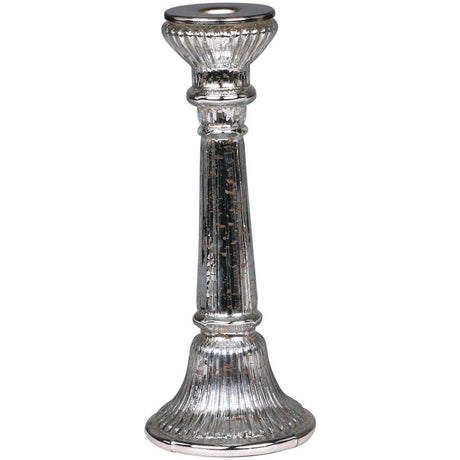 Elegant Antique Silver Candlestick with Grooved Design - 26.5 cm Tall Glass Holder - Home Deco London