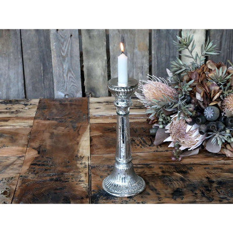 Elegant Antique Silver Candlestick with Grooved Design - 26.5 cm Tall Glass Holder - Home Deco London