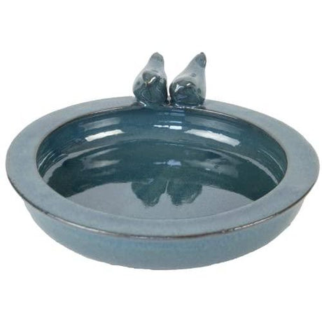 Elegant Petrol Blue Ceramic Bird Bath with Decorative Birds - 30.7 x 32.9 x 10.9 cm - Home Deco London