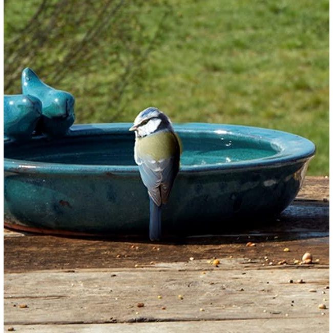Elegant Petrol Blue Ceramic Bird Bath with Decorative Birds - 30.7 x 32.9 x 10.9 cm - Home Deco London