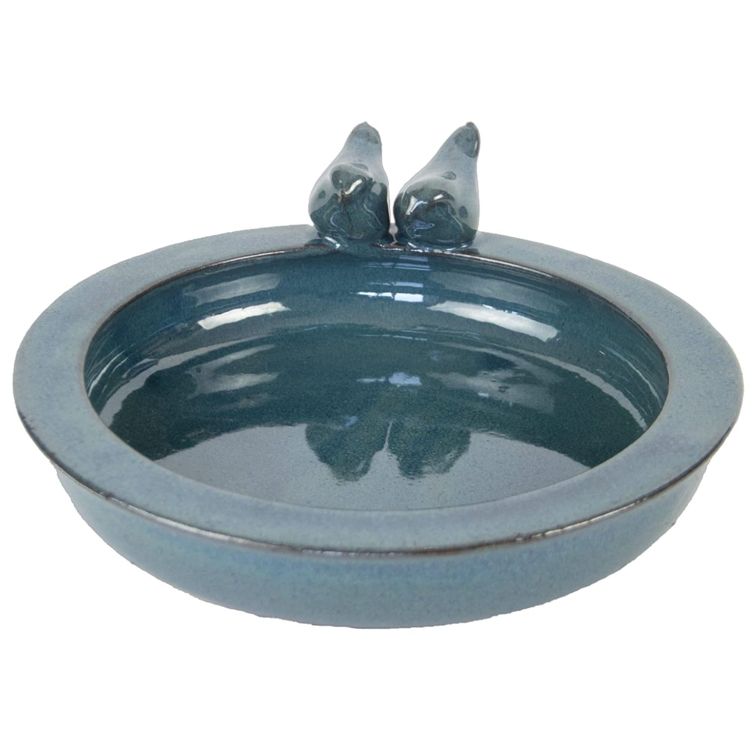 Elegant Petrol Blue Ceramic Bird Bath with Decorative Birds - 30.7 x 32.9 x 10.9 cm - Home Deco London