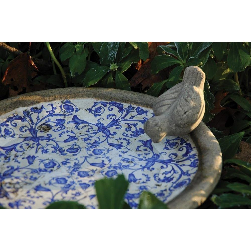Esschert Design Aged Ceramic Garden Bird Bath With Charming Sitting Bird - 33.5cm - Home Deco London