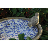 Esschert Design Aged Ceramic Garden Bird Bath With Charming Sitting Bird - 33.5cm - Home Deco London