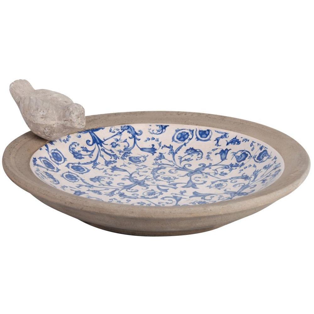 Esschert Design Aged Ceramic Garden Bird Bath With Charming Sitting Bird - 33.5cm - Home Deco London