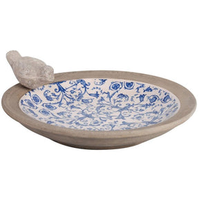 Esschert Design Aged Ceramic Garden Bird Bath With Charming Sitting Bird - 33.5cm - Home Deco London
