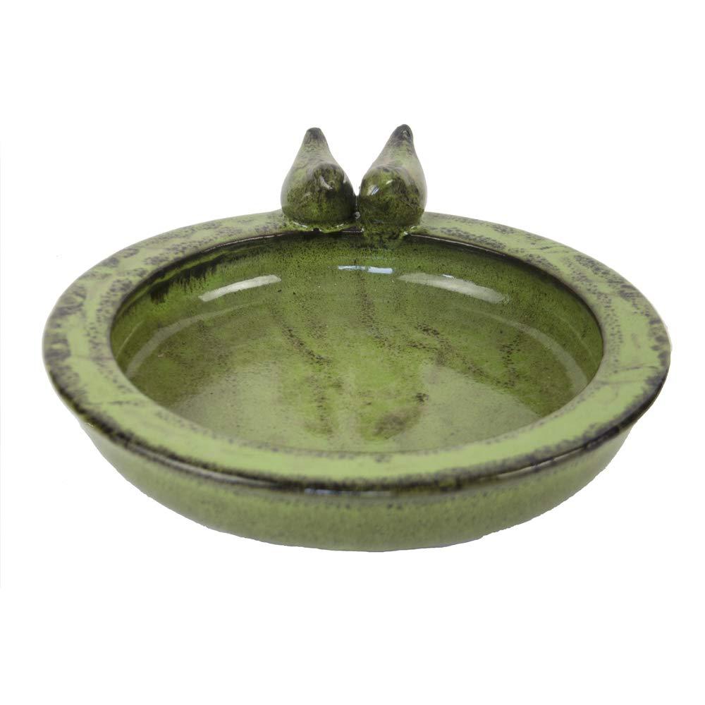 Esschert Design Green Bird Bath - Round Ceramic for Drinking and Bathing, 30.7cm x 32.9cm x 10.9cm - Home Deco London