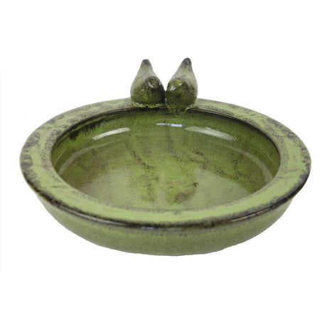 Esschert Design Green Bird Bath - Round Ceramic for Drinking and Bathing, 30.7cm x 32.9cm x 10.9cm - Home Deco London