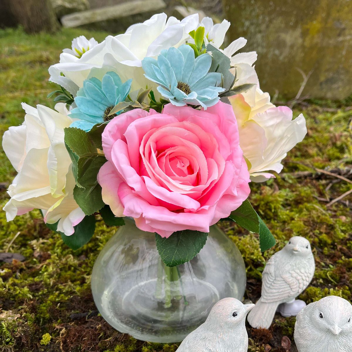 Jill Artificial Flowers For Home: Cream Peach Roses & Blue Daisies in Glass Vase 21x19x26cm - Home Deco London