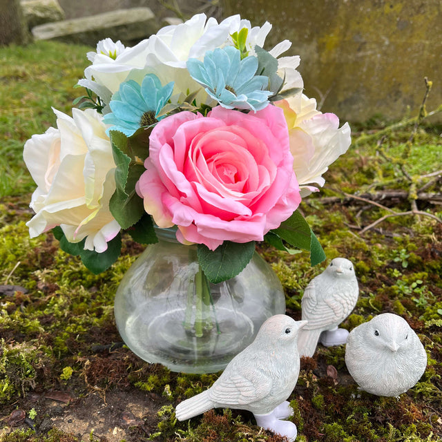 Jill Artificial Flowers For Home: Cream Peach Roses & Blue Daisies in Glass Vase 21x19x26cm - Home Deco London