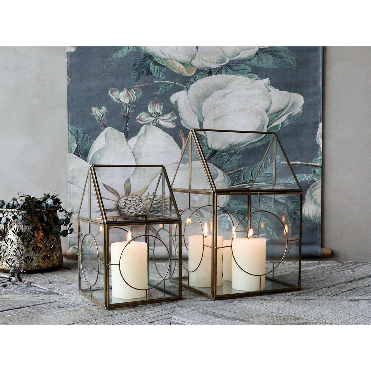 Large Antique Brass Candle Lantern with Circular Windows - Chic Antique Home Decor - Home Deco London