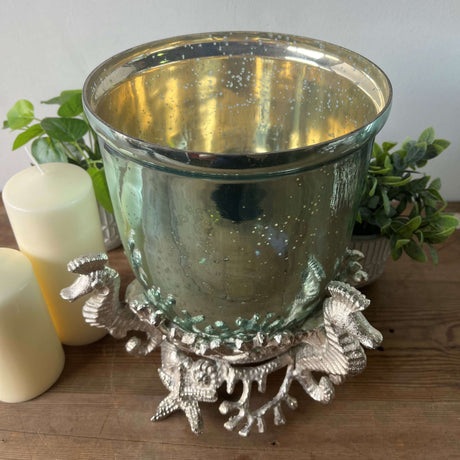 Large Aqua Glass Hurricane Lantern with Nickel Base - Stylish Candle Holder for Modern Homes - Home Deco London