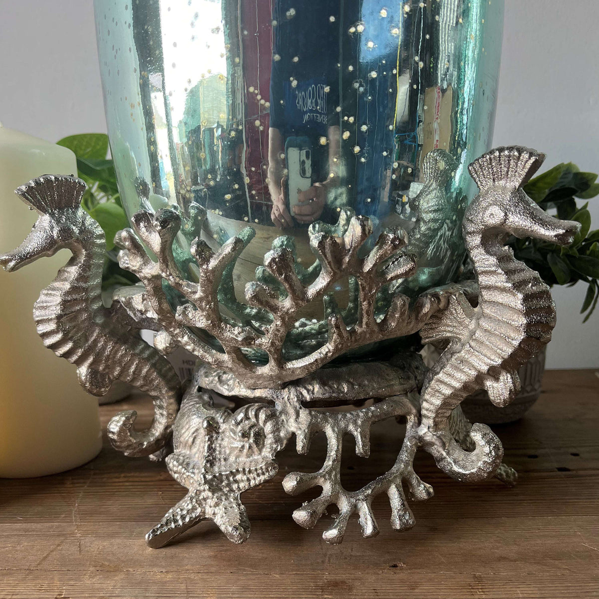 Large Aqua Glass Hurricane Lantern with Nickel Base - Stylish Candle Holder for Modern Homes - Home Deco London