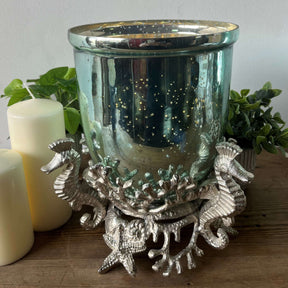 Large Aqua Glass Hurricane Lantern with Nickel Base - Stylish Candle Holder for Modern Homes - Home Deco London