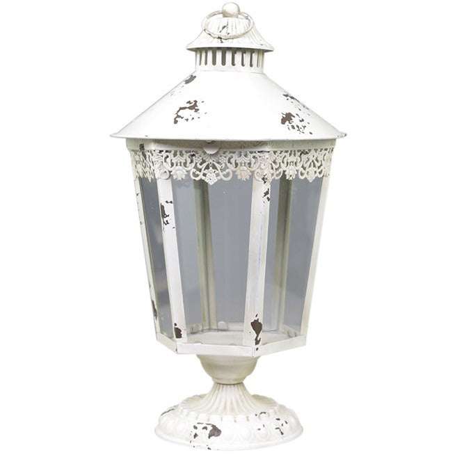 Large Decorative Lantern on Foot - French Distressed White Design, H43/D23 cm - Home Deco London