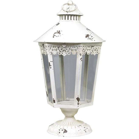 Large Decorative Lantern on Foot - French Distressed White Design, H43/D23 cm - Home Deco London