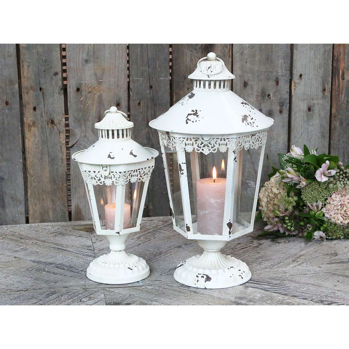 Large Decorative Lantern on Foot - French Distressed White Design, H43/D23 cm - Home Deco London