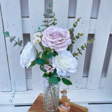 Marie Decorative Flower Arrangements in Glass Vase - Pink Roses, White Daisies & Eucalyptus - 64cm High - Home Deco London