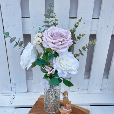 Marie Decorative Flower Arrangements in Glass Vase - Pink Roses, White Daisies & Eucalyptus - 64cm High - Home Deco London
