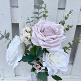 Marie Decorative Flower Arrangements in Glass Vase - Pink Roses, White Daisies & Eucalyptus - 64cm High - Home Deco London