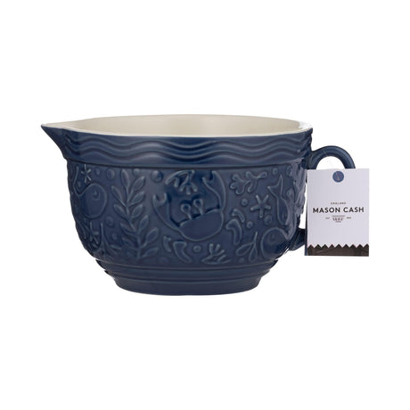 Mason Cash Nautical Batter Bowl in deep blue featuring intricate embossing of sea creatures, perfect for mixing and pouring. Ideal blue batter bowl for any kitchen.