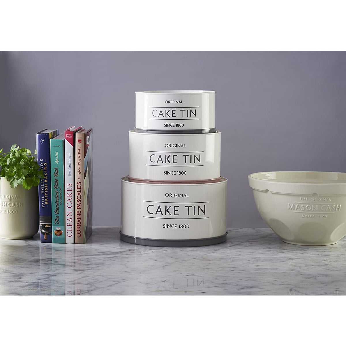 Mason Cash Innovative Kitchen Set of 3 Cake Tins, showing the stackable design that saves space and adds elegance to your kitchen.