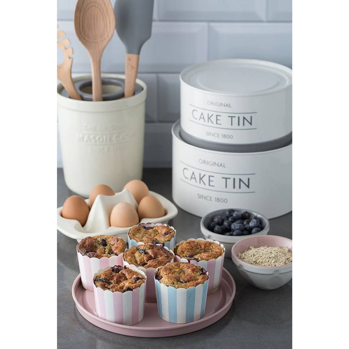 Mason Cash Innovative Kitchen Set of 3 Cake Tins, showcasing the premium coated steel construction of these stackable cake tins.