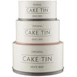 Mason Cash Innovative Kitchen Set of 3 Cake Tins, showcasing the stylish design of stackable cake tins in white, grey, and pink.